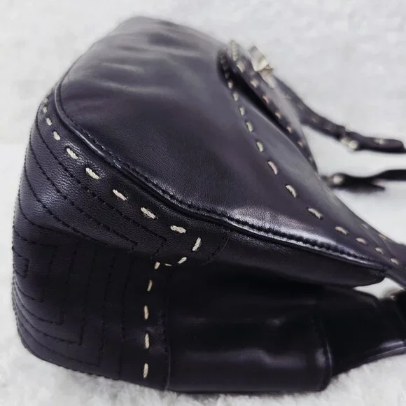 TALBOTS Black Smooth Leather Shoulder Bag Decorative Top Stitching Retro - Picture 6 of 15